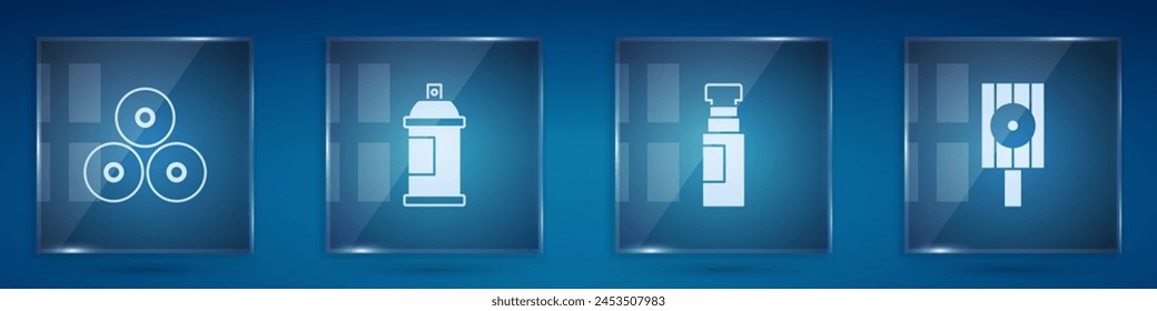 Set Lata de pintura, , Lápiz marcador y tapa de boquilla de pulverización. Paneles de vidrio cuadrado. Vector