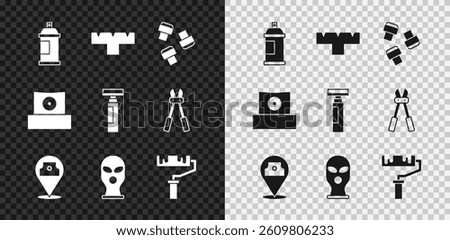 Set Paint spray can, Marker pen attachment, Balaclava, roller brush, Spray nozzle cap and  icon. Vector
