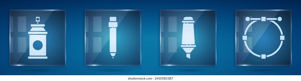 Set Paint spray can, Pencil with eraser, Marker pen and Circle with Bezier curve. Square glass panels. Vector