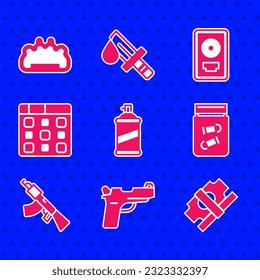 Set Paint spray can, Pistol o gun, Stacks papel money cash, Evidence bag con bala, Submachine, Drum music, marco de premio de CD-CD y icono de nudillos de bronce. Vector