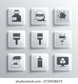 Set Paint spray can, RGB and CMYK color mixing, roller brush, gun, Paint, gouache, jar, dye and Painting the house icon. Vector
