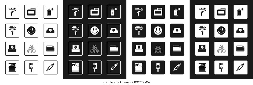 Set Paint spray can, Smile face, roller brush, Spray nozzle cap, Paint, gouache, jar, dye, Paper adhesive sticker and  icon. Vector