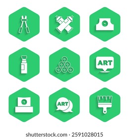Set Paint spray can, Speech bubble with text art, brush, Spray nozzle cap, Marker pen,  and Bolt cutter icon. Vector