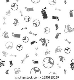 Set Paint spray can, Speedometer, Car search and Wrench on seamless pattern. Vector