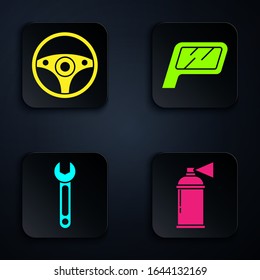 Set Paint spray can, Steering wheel, Wrench and Car mirror. Black square button. Vector