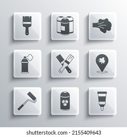 Set Paint spray can, Tube with paint palette, brush, roller,  and  icon. Vector