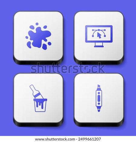 Set Paint spray, Computer with design program, bucket brush and Marker pen icon. White square button. Vector