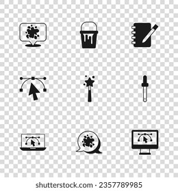 Set Paint spray, Eyedropper color picker palette, Computer with design program, Magic wand, Notebook, bucket and Bezier curve icon. Vector