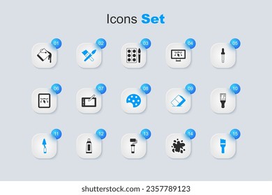 Set Paint spray, Graphic tablet, brush, Palette knife, bucket and  icon. Vector