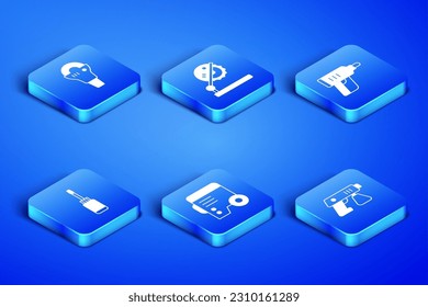Juego de pistolas de spray Paint, amolador de ángulos, Generador eléctrico de potencia, Destornillador, Mapa de mesa para carpintería e Icono de destornillador inalámbrico eléctrico. Vector
