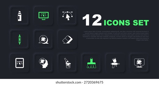 Set Pistola de pintura, pincel, rotulador, computadora con programa de diseño e icono de cubo. Vector