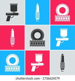 Set Paint spray gun, Car spark plug and Car wheel icon. Vector