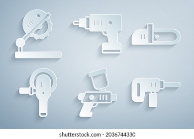 Ajuste la pistola de aerosol Paint, Chainsaw, molino de ángulos, Máquina de perforación eléctrica, destornillador inalámbrico y Tabla para el icono de carpintería. Vector