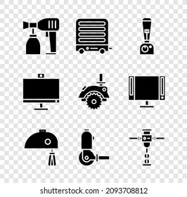 Set Paint Spray Gun, Electric Heater, Blender, Mixer, Angle Grinder And Construction Jackhammer Icon. Vector