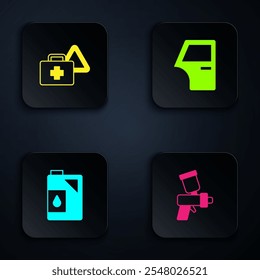 Set Paint spray gun, First aid kit and warning triangle, Canister for motor oil and Car door. Black square button. Vector
