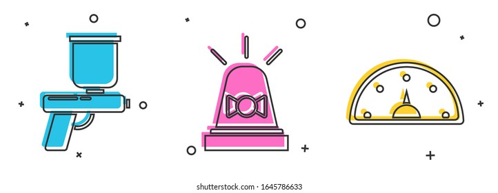 Set Paint spray gun, Flasher siren and Speedometer icon. Vector