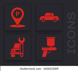 Set Paint spray gun, Location with parking, Car and Car service icon. Vector