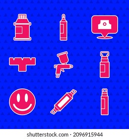 Ponga la pistola de pintura, la pluma de marcador, la cara de sonrisa, el accesorio, la tapa de la boquilla de la barra de pulverización y la pintura, el gouache, el tarro, el icono de tinte. Vector