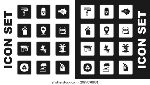 Establece el spray de pintura, pistola, pincel de rodillos, RGB, lata e icono. Vector