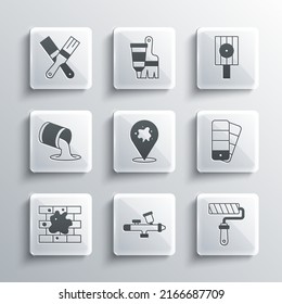 Set Paint spray gun, roller brush, Color palette guide, Painting the house, bucket,  and Spray can nozzle cap icon. Vector