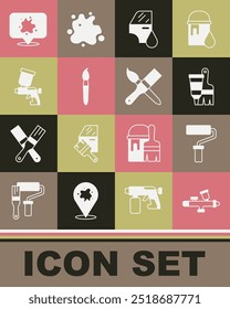Set Pistola de pintura, pincel de rodillos, tubo con pintura y pintura, pintura de coches e icono. Vector
