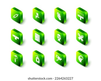 Ponga la pistola de aerosol Paint, guantes de goma, cepillo, lata, funda de boquilla Spray, Balaclava, cámara de seguridad e icono. Vector