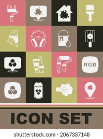 Set Paint spray, RGB, Spray puede boquilla gorra, Pintura de la casa, Máscara de gas, Pintura de coches, pincel de rodillos e icono de cubo. Vector