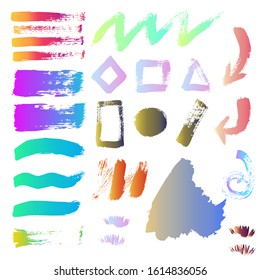 Set of paint stains and brush strokes in different gradient fills. Vector.