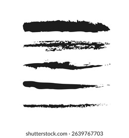 Set Paint stroke, brush stroke. Texture, wet streak, smear, touch. Abstract artistic horizontal black blot, design element, decoration. Hand drawn vector illustration isolated on white baсkground.