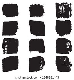 A set of paint strokes with a dry brush. Grunge spots black on white background. Black artistic paint, hand drawn. Dry Brush Stroke elements collection