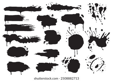 Set of paint strokes in flat cartoon design. A collection of decorative black brushes and splashes suitable for artistic design and creative projects, features various shapes. Vector illustration.