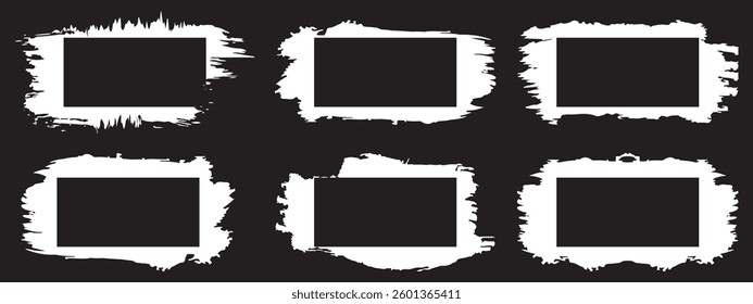  Set of paint white color splash brush stroke, with Set of hand drawn grunge paint brush frames and text banners .Simple black and white flat style isolated vector banner