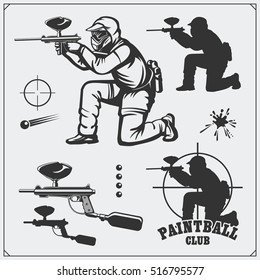 Set of paintball club labels, emblems, symbols, icons and design elements. Shooting man and paintball equipment.