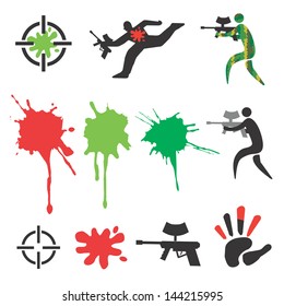 Set of paintball icons and design elements, spots and splash. Vector illustration.