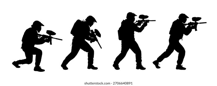 Conjunto de siluetas de jugadores de paintball Ilustración vectorial