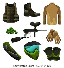 Set of paintball tools, game accessories icons