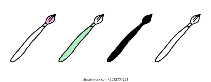 Set of paintbrush icons featuring colored illustrations, black silhouette, and black outline, isolated on a white background. Concept of art, creativity, and painting. Design elements.