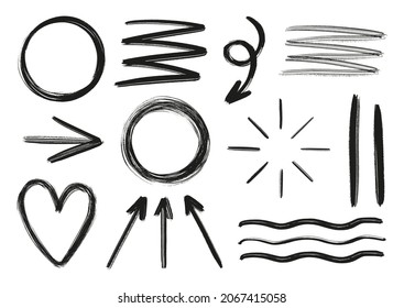 Set of paintbrush textured elements isolated on white. Circle, strokes, waves, pointers, heart, rays hand-drawn kit as abstract design template.