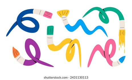Set of paintbrush in various conditions. Paintbrush, bended, curved paintbrush. Colorful vector illustration
