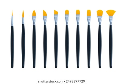 Set of paintbrushes with black handles and yellow bristles. Flat vector illustration isolated on white background. Art and creativity concept. Perfect for educational materials and design projects