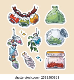 A set of painted bottle stickers for the witch and the healer.