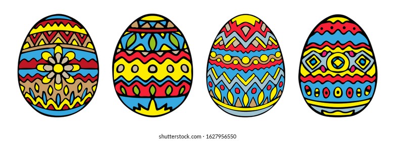 Set of painted bright colorful easter eggs. Vertical view. Vector hand drawing. Isolated object on a white background. Isolate.