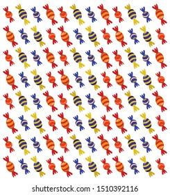 A set of painted candies and sweets. Isolated on white background. Vector illustration of sweets and candies. Seamless candy background for Halloween, Birthday, holiday, party. Halloween candy