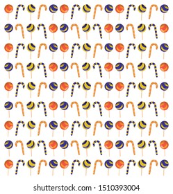 A set of painted candies and sweets. Isolated on white background. Vector illustration of sweets and candies. Seamless candy background for Halloween, Birthday, holiday, party. Halloween candy