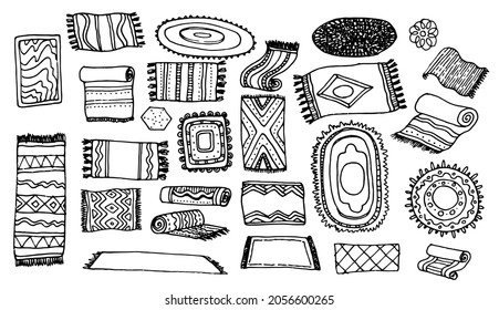 a set of painted carpet and carpets. a hand-drawn doodle-style set of different shaped carpets with different textures, dots and lines. isolated black line on white objects for interior