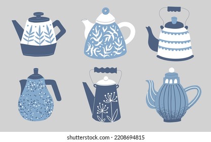 a set of painted ceramic teapots. Blue porcelain painted teapots with patterns of different shapes