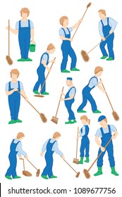 A set of painted characters, janitors, cleaners