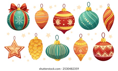 Conjunto de juguetes pintados del árbol de Navidad sobre fondo blanco. Bolas de vidrio festivas con patrón. Elementos aislados de Vector