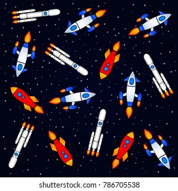 Set of painted colored spacecraft models flying in different directions, vector illustration