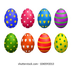 Set of painted colorful realistic eggs for Easter isolated on white background.